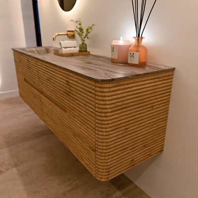 Mondiaz CIRO-DLUX Meuble de salle de bains - 160x45x50cm - Plan-vasque solid surface Sombra - 1 vasque à gauche - sans trou de robinetterie - 4 tiroirs - Chêne