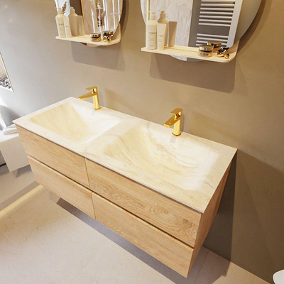 Mondiaz VICA-DLUX Ensemble de meuble de salle de bain - 120cm - meuble sous-vasque chêne blanchi - 4 tiroirs - lavabo encastré cloud double - 2 trous de robinet - version haute de 60cm - ostra