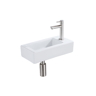 QeramiQ Fuente pack lave-mains – 37,5 x 18,5 x 9 cm – céramique blanc brillant – perçage à droite – robinet inox brossé