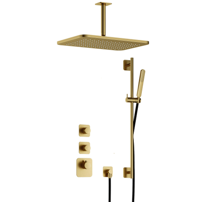 Hotbath Gal IBS40 regendoucheset inbouw - 2 functies - 15cm plafondarm - 27cm rechthoekige hoofddouche - met glijstang - messing geborsteld PVD