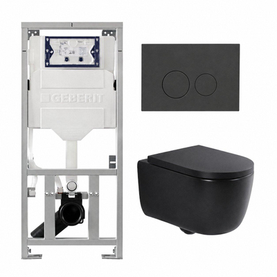 QeramiQ Dely Swirl Ensemble WC - 36.3x51.7cm - réservoir encastré Geberit UP320 - avec cadre Burda - abattant 35mm - plaque de commande anthracite mat - boutons ronds - noir mat