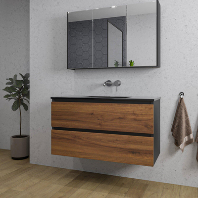 Adema Industrial 2.0 ensemble de meubles de salle de bain 100x45x55cm 1 lavabo en céramique noir 1 trou de robinetterie noir armoire de toilette bois/noir