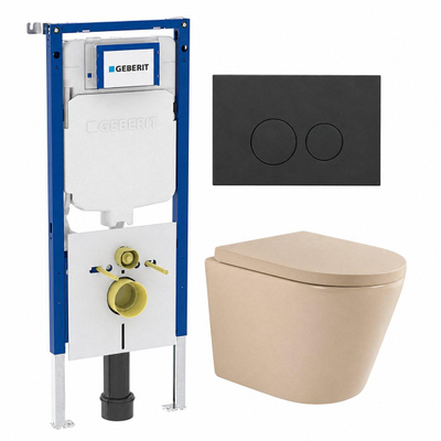 QeramiQ Dely Toiletset - 36.3x51.7cm - diepspoel - rimless - Geberit UP720 inbouwreservoir - softclose toilet zitting - 35mm - bedieningsplaat mat antraciet - ronde knoppen - mat beige