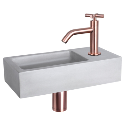 Differnz Ravo fonteinset – 38.5x18.5x9 cm – beton licht grijs – gebogen koperen kraan met kruisgreep