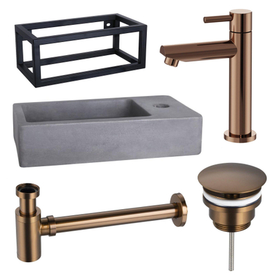 FugaFlow Eccelente Pietra ensemble de lavabo - 40x22x23,5cm - 1 trou de robinet - cadre noir - robinet de lavabo en cuivre - béton