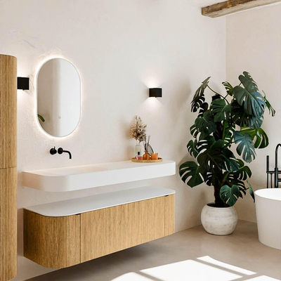 MONDIAZ THOR 150cm meuble de salle de bains arrondi gauche + droite couleur Oak avec 1 tiroir et 2 portes. Vasque suspendue CLOUD Gauche sans trou de robinet couleur Talc.