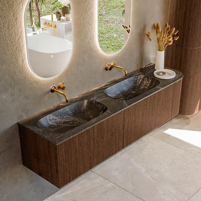 MONDIAZ KURVE-DLUX 175cm badmeubel met module 25 R kleur Walnut met 2 lades en 1 deur. Wastafel STOR SMALL dubbel / links zonder kraangat kleur Lava.