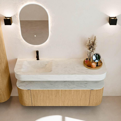 MONDIAZ THOR-DLUX 150cm meuble de salle de bains arrondi gauche + droite couleur Oak avec 1 tiroir et 2 portes. Vasque suspendue CLOUD gauche 1 trou de robinet couleur Opalo.