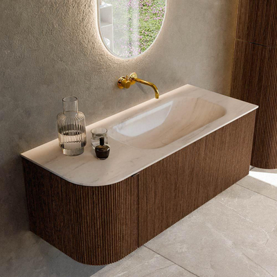 MONDIAZ KURVE-DLUX 115cm badmeubel ronding Links kleur Walnut met 1 lade en 1 deur. Wastafel BIG SMALL Rechts zonder kraangat Meli.