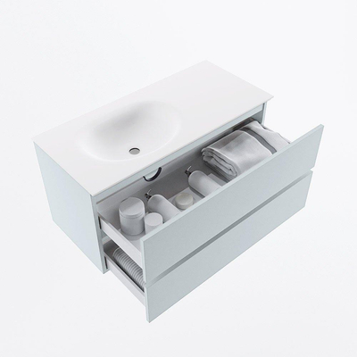 Mondiaz VICA Ensemble de meuble de salle de bain - 100cm - meuble sous-vasque argile - 2 tiroirs - lavabo lune gauche - sans trous de robinet - version haute 60cm - talc