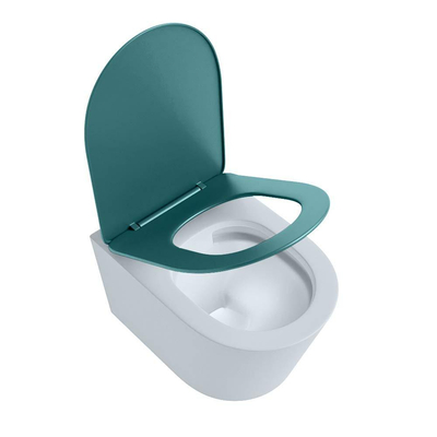 Mondiaz LAVIE hangtoilet – spoelrandloos – 36 x 53 cm – met softclose zitting – Clay (lichtblauw/grijs), zitting Smag (groen)