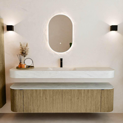 MONDIAZ THOR-DLUX 180cm meuble de salle de bains arrondi gauche + droite couleur Dusk avec 2 tiroirs et 2 portes. Vasque suspendue CLOUD Milieu 1 trou de robinet couleur Opalo.