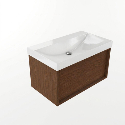Saniclass Holz Frame Ensemble meuble de salle de bains - 80x45x47.5cm - lavabo Wave en céramique - 1 vasque - sans trou de robinet - 1 tiroir - walnut pure mat (bois)