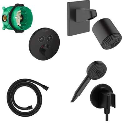 Hansgrohe Showerselect Ensemble de douche - élément encastré - flexible de douche - thermostat - douchette - pomme de douche - raccord mural pomme de douche - support douchette - noir mat