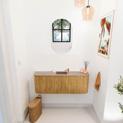 Mondiaz JOYA-DLUX 113.2cm toiletmeubel - ronding links en rechts kleur Oak - Wastafel FAYE positie Midden 1 kraangat kleur Arena.