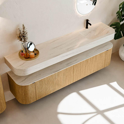 MONDIAZ THOR-DLUX 200cm meuble de salle de bains arrondi gauche + droite couleur Oak avec 2 tiroirs et 2 portes. Vasque suspendue CLOUD Droite 1 trou de robinet couleur Meli.