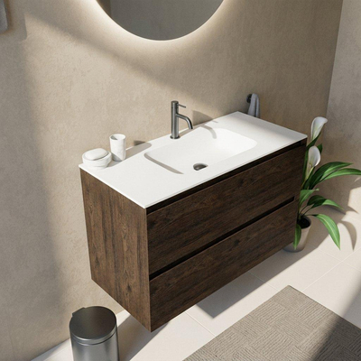 Saniclass Holz Pure Ensemble meuble de salle de bains - 100x45x61.5cm - Flow lavabo en solid surface blanc - 1 vasque - 1 trou de robinet - 2 tiroirs - chêne charcoal mat (bois)