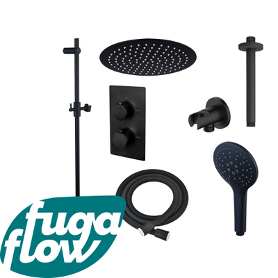 FugaFlow Eccelente Sobrado Badkamer Inbouw Regendoucheset - thermostatisch - plafondarm -glijstang - 25cm hoofddouche - handdouche rond - zwart mat