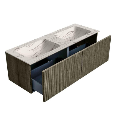 MONDIAZ KURVE-DLUX Meuble de salle de bains 130 cm couleur Shadow avec 2 tiroirs et 0 porte. Lavabo LEAF Double sans trou de robinet Nata.