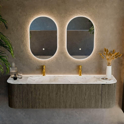 Mondiaz KURVE-DLUX Ensemble de meuble salle de bain - 170x46x40cm - 1 tiroir - 2 portes - lavabo en solid surface - double - 2 trous de robinet - Shadow