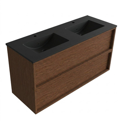 Saniclass Holz Frame Ensemble de meubles de salle de bains - 120x45x62cm - Vasque Vygo en céramique noire - 2 vasques - 2 trous de robinet - 2 tiroirs - walnut pure mat (bois)