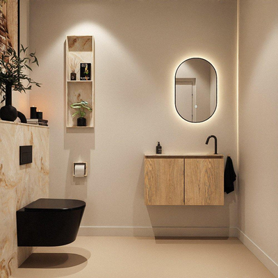 MONDIAZ TURE-DLUX Meuble toilette - 80cm - Washed Oak - EDEN - vasque Frappe - position droite - 1 trou de robinet