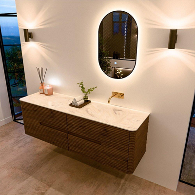 Mondiaz CIRO-DLUX Badkamermeubelset - 160x45x50cm - Solid surface wastafel Ostra - 1 wasbak Rechts - zonder kraangaten - 4 lades - Dusk