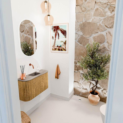 Mondiaz JOYA-DLUX 73.2cm meuble de toilettes - arrondi à gauche et à droite couleur Chêne - Lavabo FAYE position Milieu Sans trou de robinet couleur Oza.