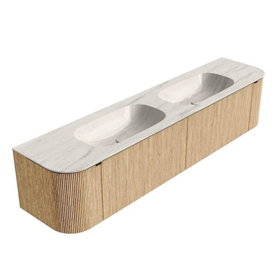 MONDIAZ KURVE-DLUX 200cm badmeubel ronding Links + Rechts kleur Oak met 2 lades en 2 deuren. Wastafel STOR SMALL Dubbel zonder kraangat Meli.