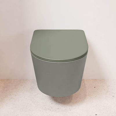 Mondiaz LAVIE hangtoilet – spoelrandloos – 36 x 53 cm – met softclose zitting – Smoke (lichtbruin), zitting Army (groen)