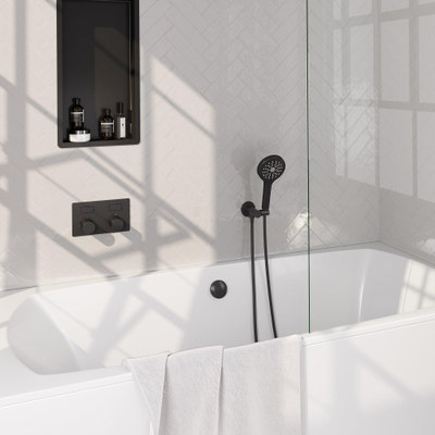 BRAUER Black Carving thermostatische inbouw badkraan - drukknoppen SET 04 - badvulcombinatie - 3 standen handdouche - doucheslang - wandaansluitbocht - zwart mat