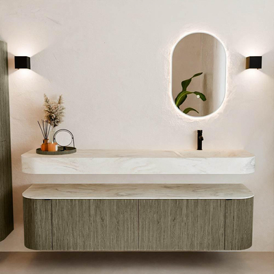 MONDIAZ THOR-DLUX 180cm badmeubel ronding links + rechts kleur Shadow met 2 lades en 2 deuren. Vrijhangende wastafel CLOUD Rechts 1 kraangat kleur Ostra.