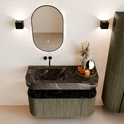 MONDIAZ THOR-DLUX 110cm meuble de salle de bains arrondi gauche + droite couleur Shadow avec 1 tiroir et 2 portes. Vasque suspendue CLOUD Gauche sans trou de robinet couleur Lava.