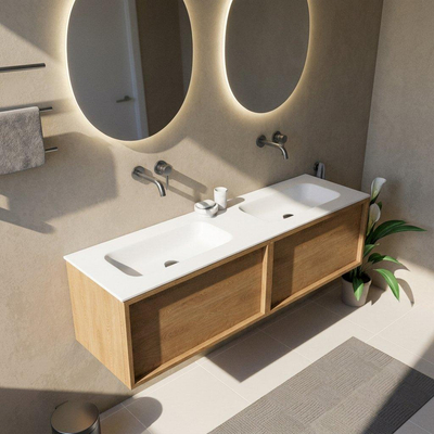 Saniclass Holz Frame Badkamermeubelset - 160x45x41.5cm - Flow solid surface wastafel wit - 2 wasbakken - zonder kraangaten - 2 lades - mat eiken natural (hout)