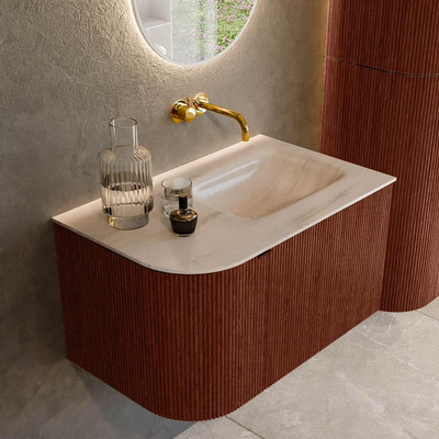 MONDIAZ KURVE-DLUX 75cm badmeubel ronding Links kleur Ruby met 1 lade en 1 deur. Wastafel GRUNNE Rechts zonder kraangat Meli.