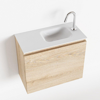MONDIAZ OLAN Fonteinset - 60x30x40cm - 1 kraangat - 1 lade - washed oak mat - wasbak rechts - Solid Surface Wit