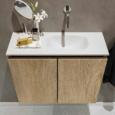 MONDIAZ TURE Fonteinset - 60x23x50cm - 0 kraangaten - 2 deuren - washed oak mat - Wasbak rechts - Solid Surface Wit