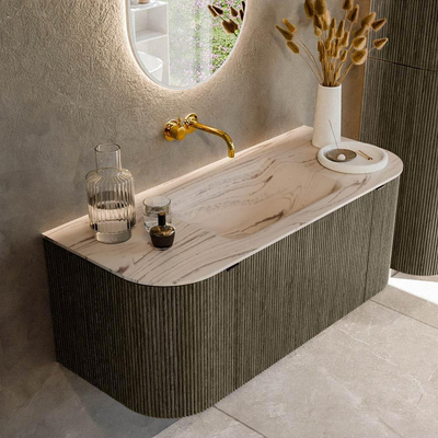 MONDIAZ KURVE-DLUX Meuble de salle de bains 110cm arrondi Gauche + Droite couleur Shadow avec 1 tiroir et 2 portes. Lavabo CLOUD central sans trou de robinet Nata.