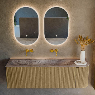 MONDIAZ KURVE-DLUX 145cm meuble de salle de bains arrondi Droite couleur Dusk avec 1 tiroir et 1 porte. Lavabo BIG LARGE Gauche sans trou de robinet Oza.