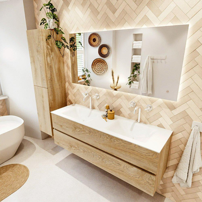 MONDIAZ VICA meuble sous lavabo 150cm Chêne blanchi 2 tiroirs. Lavabo CLOUD double 2 trous de robinet, couleur Talc.