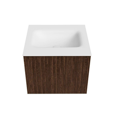 MONDIAZ KURVE Meuble de salle de bains 50 cm couleur Walnut avec 1 tiroir. Lavabo GRUNNE central sans trou de robinet Talc.