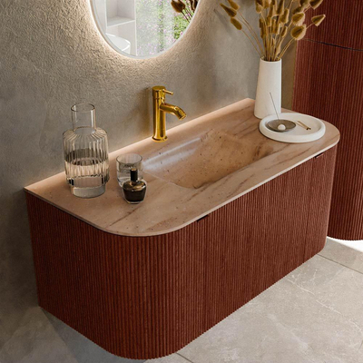 MONDIAZ KURVE-DLUX 100cm badmeubel ronding Links + Rechts kleur Ruby met 1 lade en 2 deuren. Wastafel GRUNNE Midden 1 kraangat Saba.
