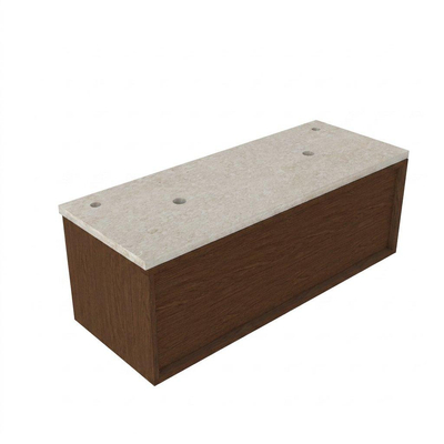 Saniclass Holz Frame Ensemble de meuble de salle de bains - 120x45x43cm - Plan de travail en pierre naturelle travertin - 2 trous de robinet - 1 tiroir - noyer pure mat (bois)