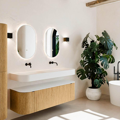 MONDIAZ THOR 150cm meuble de salle de bains arrondi gauche + droite couleur Oak avec 1 tiroir et 2 portes. Vasque suspendue CLOUD Double sans trou de robinet couleur Talc.