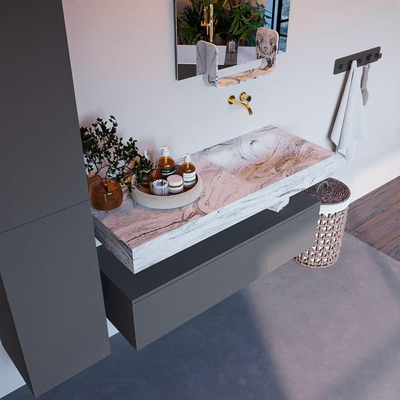 Mondiaz ALAN-DLUX Ensemble de meuble - 120cm - meuble Plata mat - 1 tiroir - Lavabo Cloud Glace suspendu - vasque Droite - 0 trous de robinet