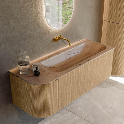 MONDIAZ KURVE-DLUX 125cm badmeubel ronding Links kleur Oak met 1 lade en 1 deur. Wastafel BIG MEDIUM Rechts zonder kraangat Arena.
