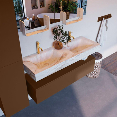 Mondiaz ALAN-DLUX Ensemble de meuble - 130cm - meuble Rust mat - 1 tiroir - Lavabo Cloud Frappe suspendu - vasque Gauche et droite - 2 trous de robinet