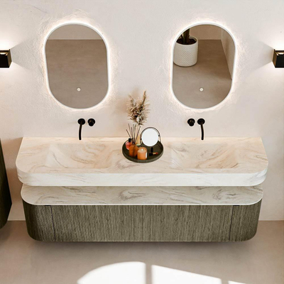 MONDIAZ THOR-DLUX 190cm meuble de salle de bains arrondi gauche + droite couleur Shadow avec 2 tiroirs et 2 portes. Vasque suspendue CLOUD Double sans trou de robinet couleur Ostra.