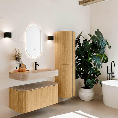 MONDIAZ THOR-DLUX 100cm badmeubel ronding links + rechts kleur Oak met 1 lade en 2 deuren. Vrijhangende wastafel CLOUD Rechts 1 kraangat kleur Saba.