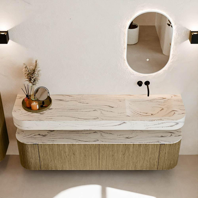 MONDIAZ THOR-DLUX 180cm meuble de salle de bains arrondi gauche + droite couleur Dusk avec 2 tiroirs et 2 portes. Vasque suspendue CLOUD Droite sans trou de robinet couleur Nata.